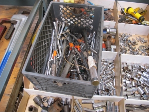 (16 BOXES, 2 CRATES) MISC. SOCKETS, IMPACT SOCKETS, BREAKER BARS, RATCHETS, PULL SAW BLADES, REAMER BIT, TAP AND DYE TOOLING. LOADING & HANDLING FEE $15-4017